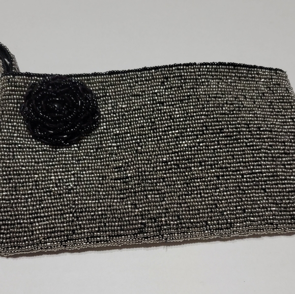 Embellished Black and Silver Beaded Wristlet with Flower - Picture 2 of 5